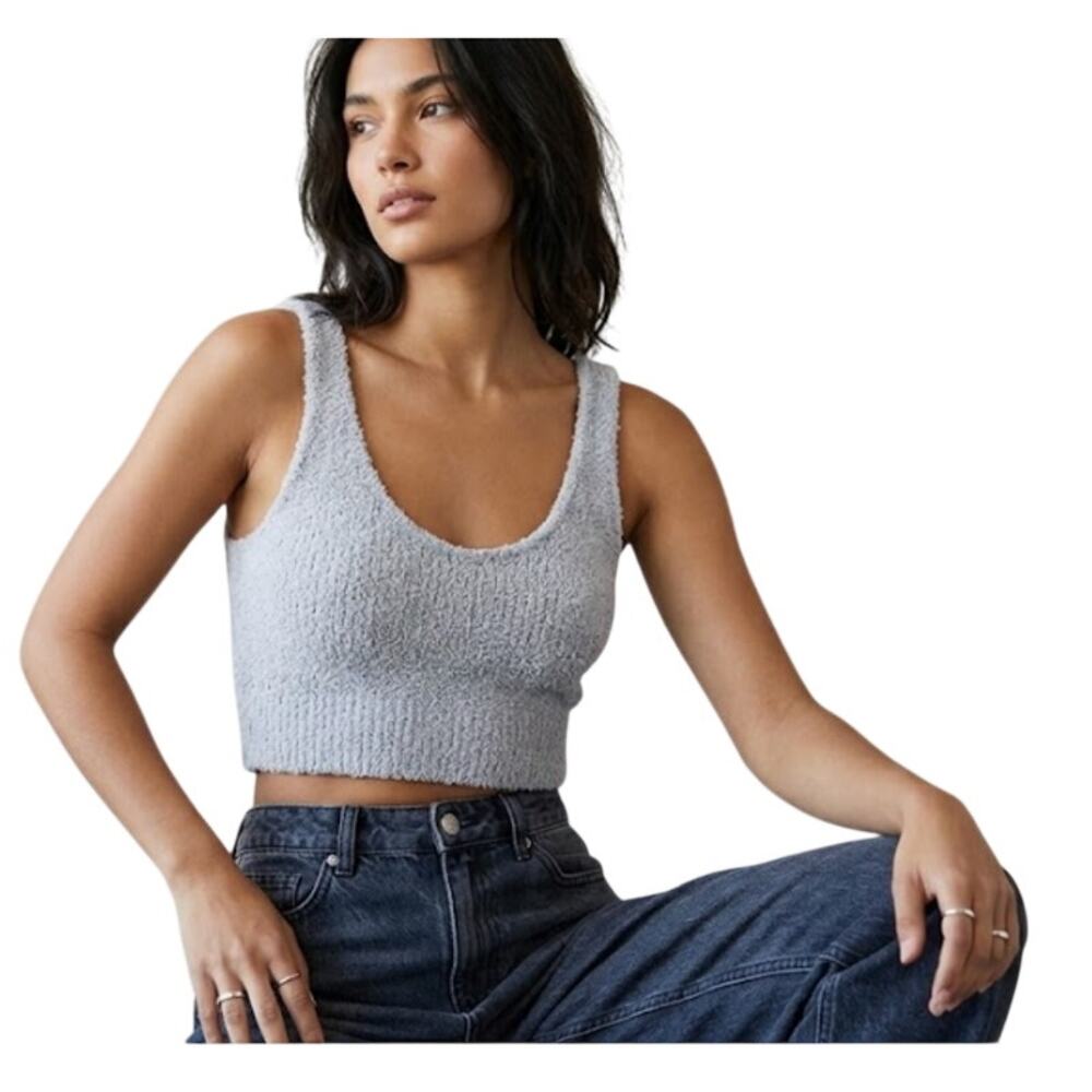 Pleshy Cozy Grey Plush Bouclé Knit Crop Tank Top Size S Cozycore Cloud Y2K EUC